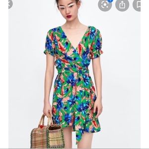 Zara tropical floral ruffle wrap dress.